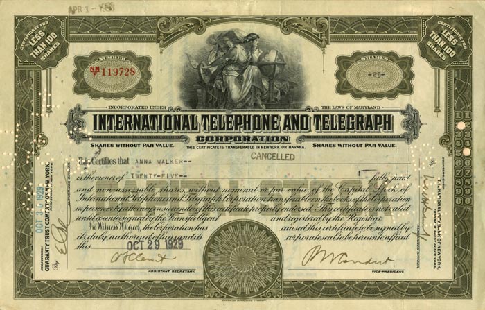 International Telephone and Telegraph Corporation - ITT - Stock Certificate